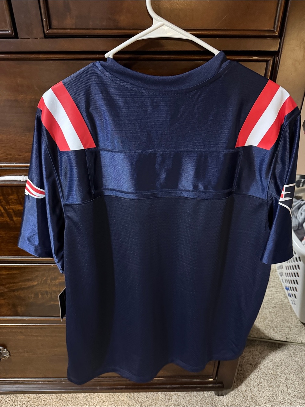 NFL Navy Football Jersey with Red & White Shoulder Stripes - Patriots Style - Picture 3 of 5